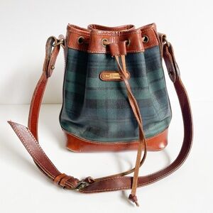 VTG Polo Ralph Lauren Coated Canvas & Leather Tartan Plaid Bucket Shoulder Bag